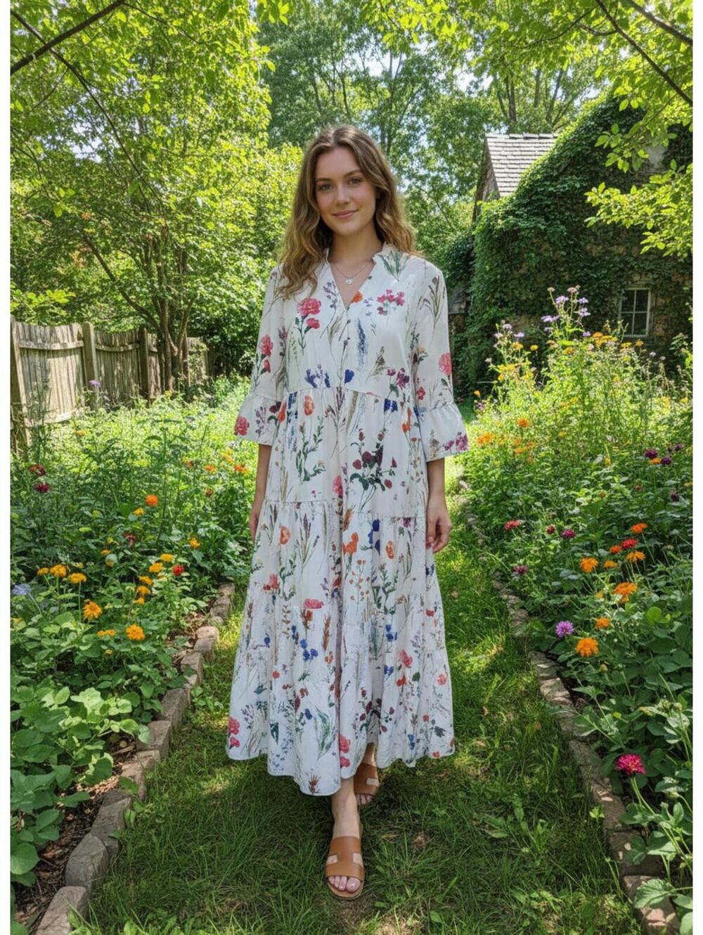white bohemian maxi dress watercolor-style floral print summer cottage Core